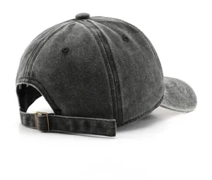 Detail of washed grey denim baseball cap showing the back adjustable metal buckle closure