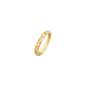 Elegant gold minimalist ring with row of zircon pavé and synthetic pearls for women