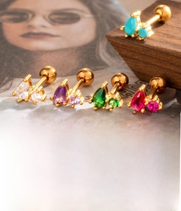 Detailed view of colorful teardrop zircon stud earrings with 1.2mm stainless steel posts