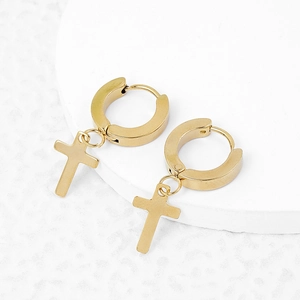 Minimalist gold stainless steel hoop earrings with hanging cross pendants on white background