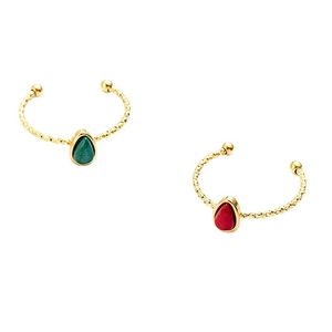 French style adjustable stainless steel rings with green and red teardrop gemstones