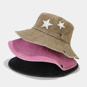 Washed Cotton Bucket Hat Retro Star Embroidery Distressed Outdoor Sun Protection Fisherman Hat With Adjustable Windproof Rope