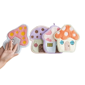 Hanging coral fleece hand towel set with mushroom and house designs in pastel colors