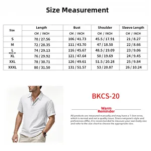 Detailed size chart for men linen polo shirt including bust and shoulder measurements