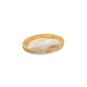 Minimalist gold titanium steel bangle with white shell inlay and sparkling crystal details