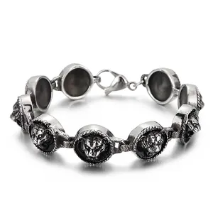 Men Stainless Steel Lion Head Bracelet Vintage Punk Hip Hop Gothic Antique Silver Relief Link Chain Jewelry