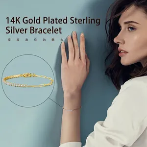 14K gold plated S925 sterling silver tennis bracelet with cubic zirconia and chain links