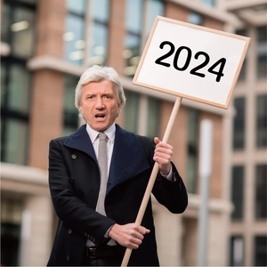 Detail of 4-inch vinyl letter sticker on 2024 board held by person in business coat