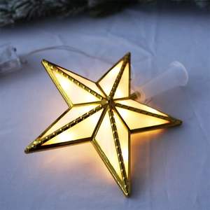 Golden 3D Christmas tree topper star with warm LED lights and beaded metal frame