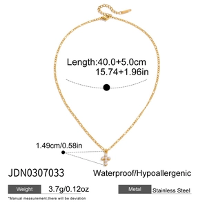 Detail view of 18k gold stainless steel cross necklace with specifications and sizing