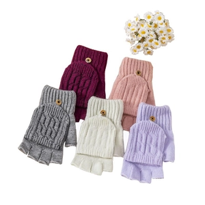 Close-up of knit convertible gloves with button flap and cozy cable pattern