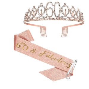 Detail of rose gold 60th birthday tiara and pink sequin sash with 60 & Fabulous text
