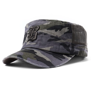 Grey camouflage mesh military cap with gothic letter B embroidery shown from a side angle