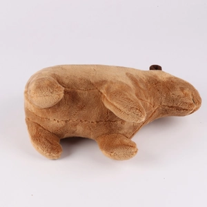 Side view of a realistic brown plush Capybara toy with soft fur texture on a clean background