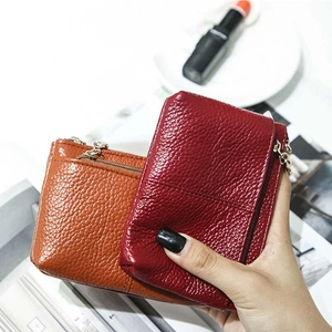 Mini lychee texture leather coin purse with metal chain and zipper in red and orange