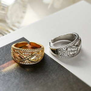 Elegant gold and silver geometric adjustable open rings with micro-set zircon stones