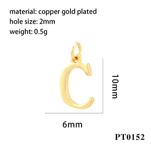 Detail showing gold-plated letter C pendant dimensions and copper material specs