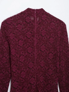 Detail of burgundy lace dress back with high stand collar and invisible zipper