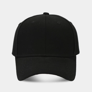Detail view of a classic black 6-panel baseball cap with curved brim and embroidery