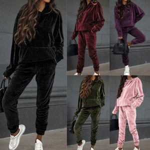 Women Velvet Hoodie And Jogger Pants Tracksuit Long Sleeve Casual Solid Color Streetwear Loungewear