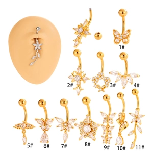 Stainless Steel Copper Zircon Belly Button Ring Navel Piercing Jewelry For Women Butterfly Cross Flower Star Dangle Barbell