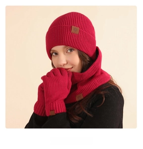Detail of red winter knit set featuring textured beanie and scarf with snowflake leather patch