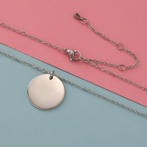 Polished stainless steel round disc pendant necklace with O-chain and lobster clasp