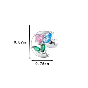 Titanium steel stud earring with crescent flower shape and colorful zircon heart stone