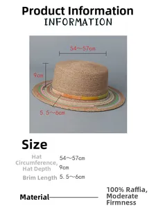 Detail specifications of 100% Raffia flat top straw hat with dimensions and colorful trim