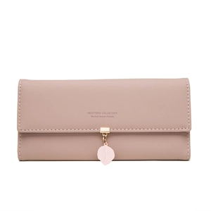 Detail of pink PU leather wallet featuring a decorative leaf pendant and gold metal buckle