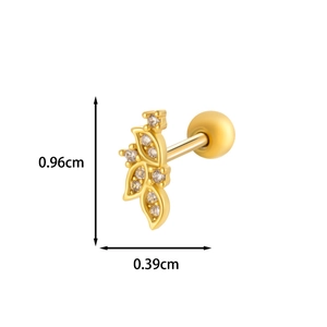 Detailed size view of gold leaf earring with clear gems and screw back measurement