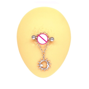 Detail of stainless steel nipple ring with moon and star charms on silicone model