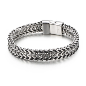 Men's silver double keel chain bracelet in 316L stainless steel with magnetic clasp