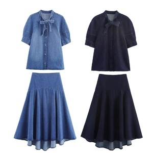 Damen Denim Kurzarm Hemd Mit Schleife Und Midi Rock Mit Hoher Taille Streetwear Outfits