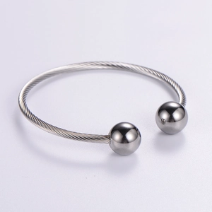 Retro punk adjustable stainless steel cable cuff bracelet with polished bead terminals
