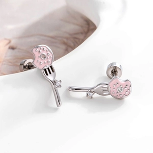 Cute pink donut and silver fork ear studs with zircon accents for girls and women