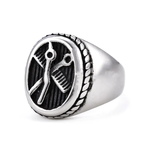 Vintage silver barbershop ring with scissors and comb relief on stainless steel band