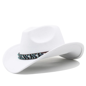 Detail of white felt cowboy hat with bohemian turquoise beads and ethnic pattern band