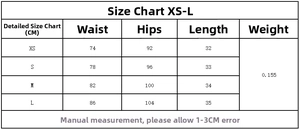 Size guide for women's pinstripe shorts showing waist and hip measurements in centimeters