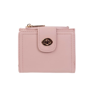 Pink PU leather short bi-fold wallet with zipper and metal buckle on white background