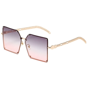 Fashion square oversized sunglasses with gold chain temples and purple gradient lenses