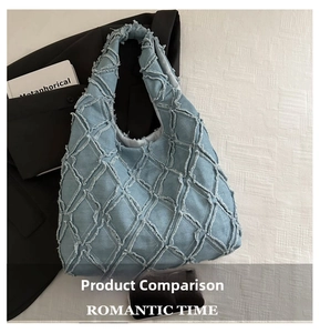 Macro detail of blue denim tote bag featuring frayed diamond pattern and texture