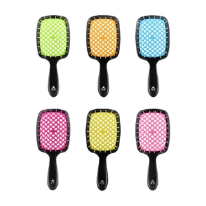Set of 6 colorful hollow mesh hair brushes with ergonomic black handles for wet and dry hair