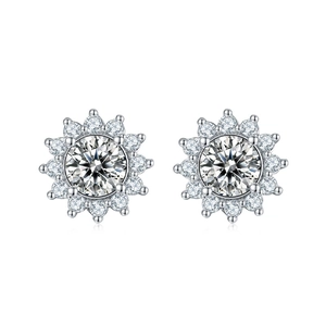 Pair of silver sunflower moissanite stud earrings featuring a classic halo design on white back