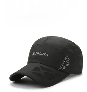 Close-up of black quick-dry baseball cap with SPORTS logo and breathable mesh detail