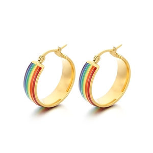 Golden titanium steel hoop earrings with colorful rainbow enamel stripe design