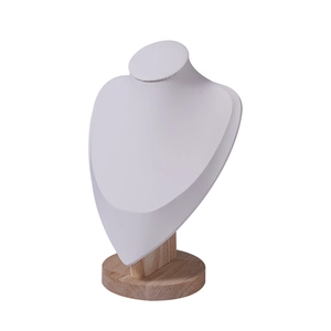 Faux leather necklace bust display with natural beech wood base for jewelry storage
