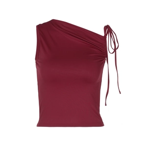 Deep red one-shoulder sleeveless crop top with side drawstring ties on white background