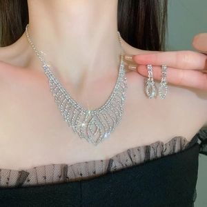 Close-up of sparkling rhinestone fringe necklace and matching earrings on a model