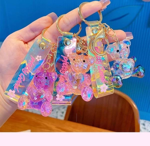 Detailed view of faceted gradient crystal bear keychains with golden hardware and PVC straps
